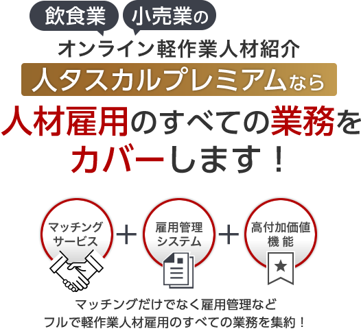 オンライン軽作業人材紹介「人タスカルプレミアム」なら、飲食業 小売業の人材雇用のすべての業務をカバーします!